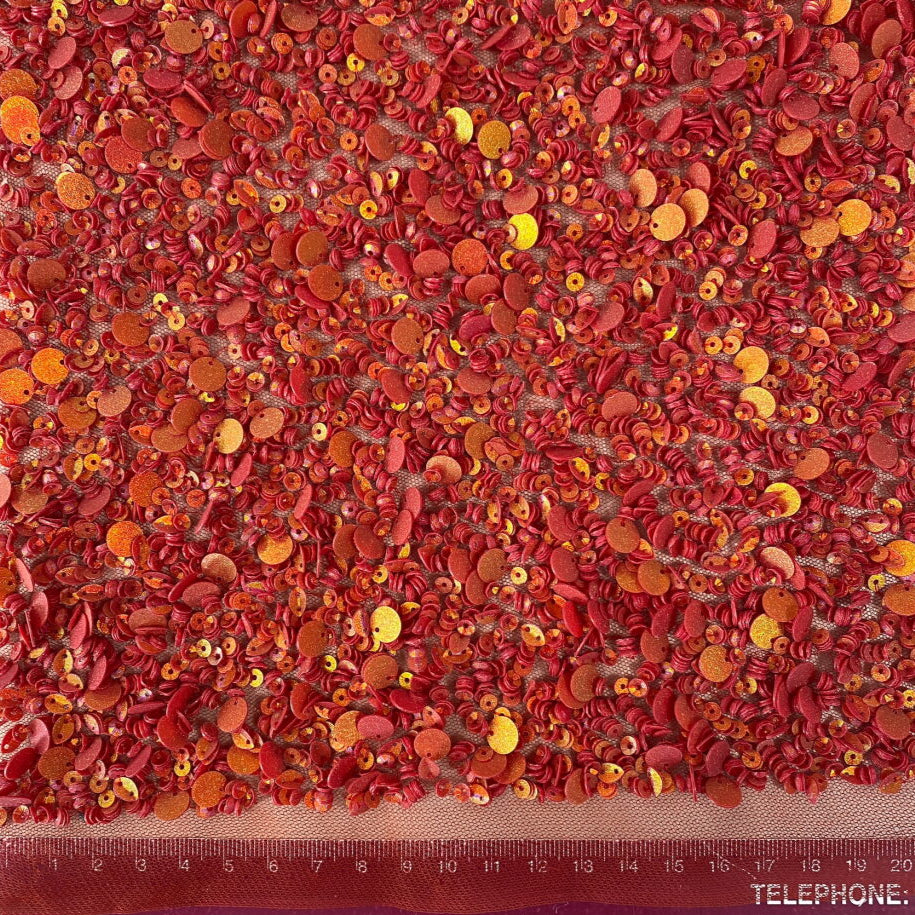 Red Sequin Tulle — featuring hand-beading and sequins, 100% nylon, 110cm wide