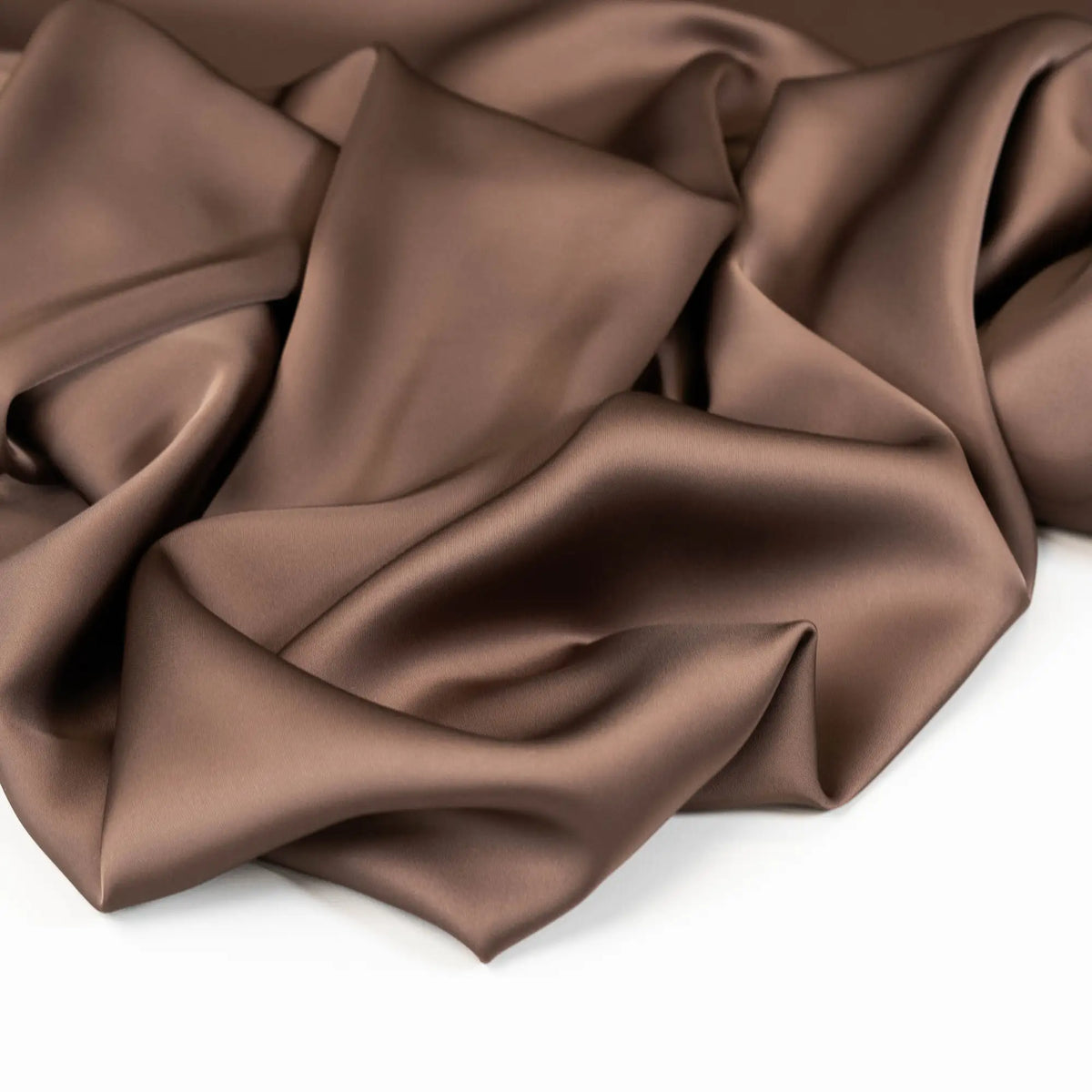 Coffee Faux Acetate Satin — mid-weight double-faced polyester satin with a delustered finish, fluid drape and slight stretch