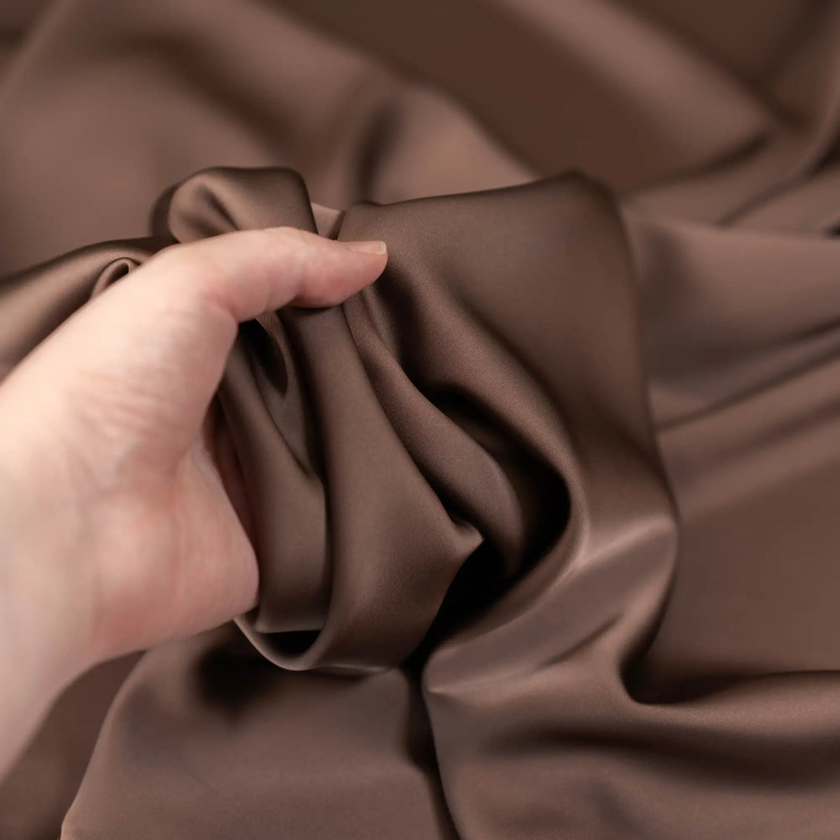Coffee Faux Acetate Satin — mid-weight double-faced polyester satin with a delustered finish, fluid drape and slight stretch