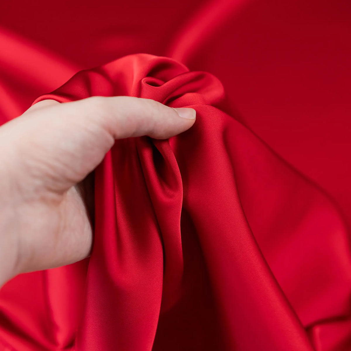 Deep Red Faux Acetate Satin — mid-weight double-faced polyester satin with a delustered finish, fluid drape and slight stretch