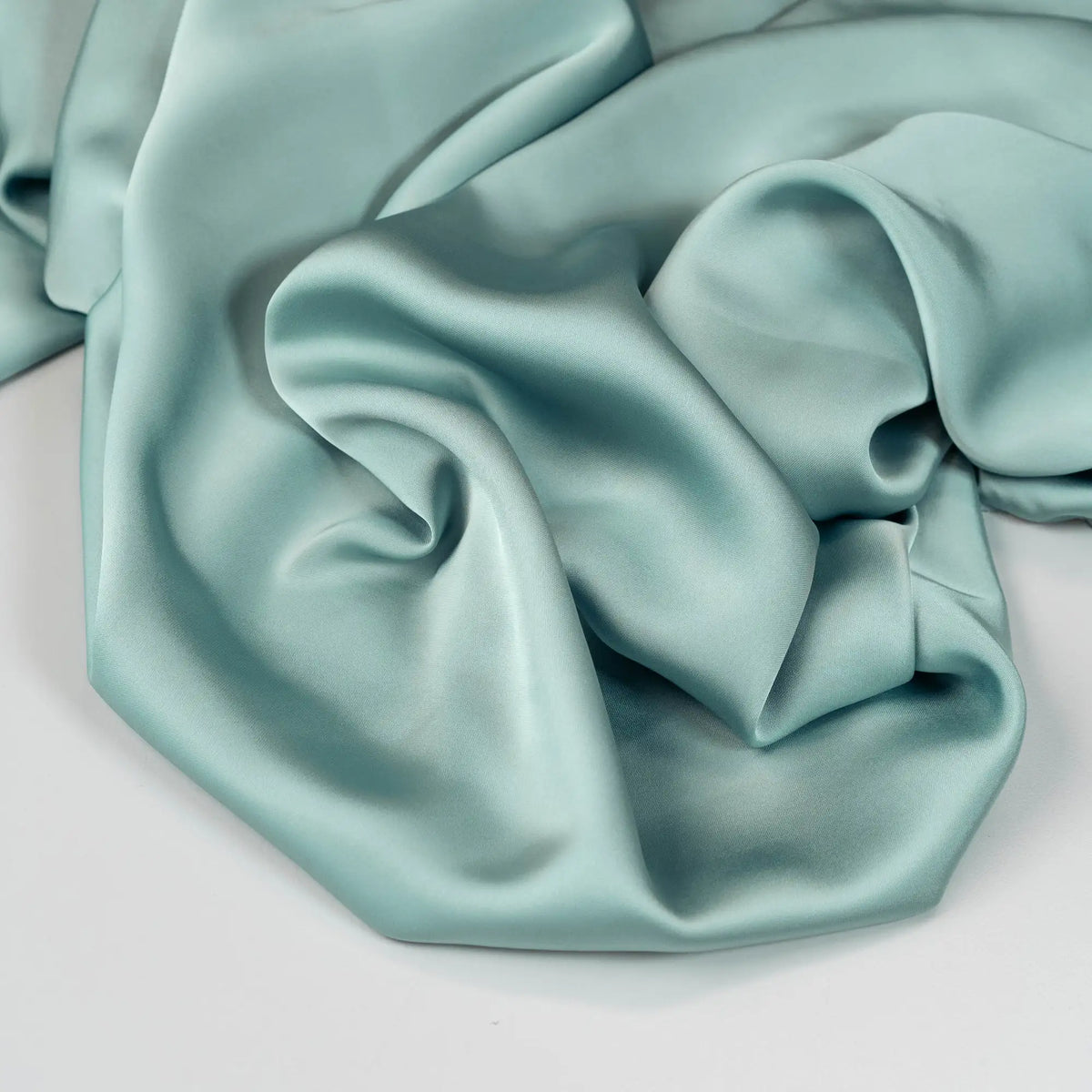 Duck Egg Faux Acetate Satin — mid-weight double-faced polyester satin with a delustered finish, fluid drape and slight stretch