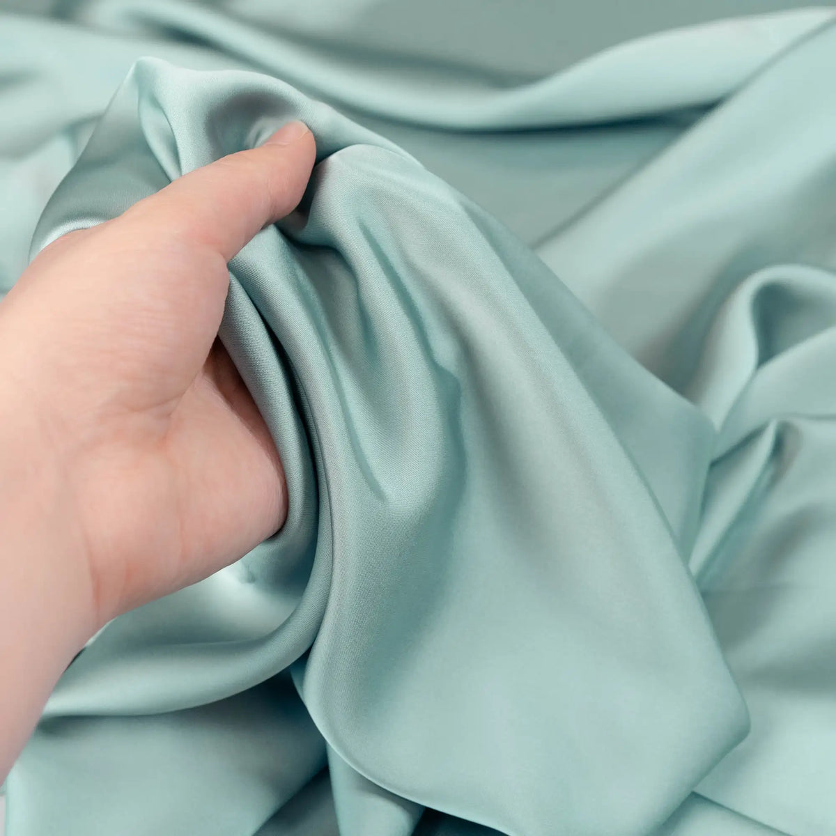 Duck Egg Faux Acetate Satin — mid-weight double-faced polyester satin with a delustered finish, fluid drape and slight stretch