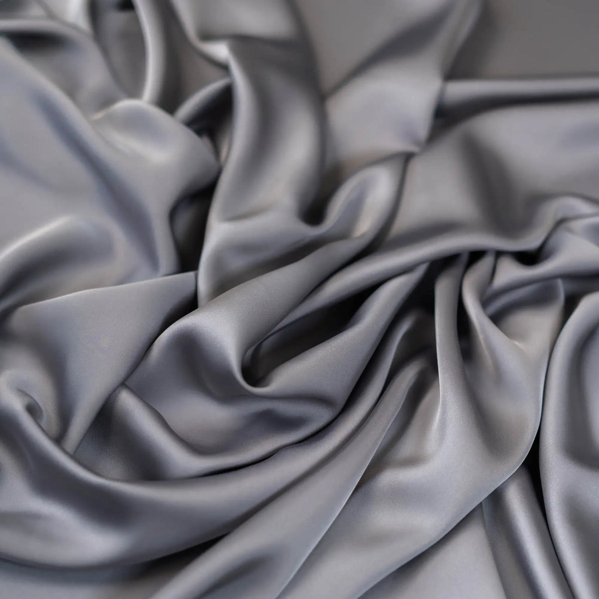 Grey Faux Acetate Satin — mid-weight double-faced polyester satin with a delustered finish, fluid drape and slight stretch