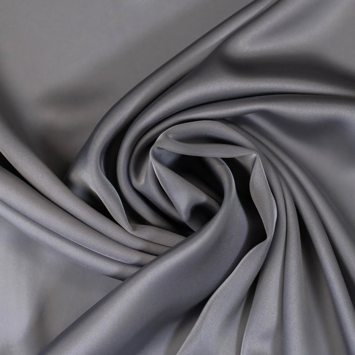 Grey Faux Acetate Satin — mid-weight double-faced polyester satin with a delustered finish, fluid drape and slight stretch