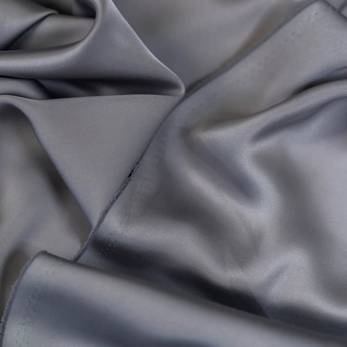 Grey Faux Acetate Satin — mid-weight double-faced polyester satin with a delustered finish, fluid drape and slight stretch
