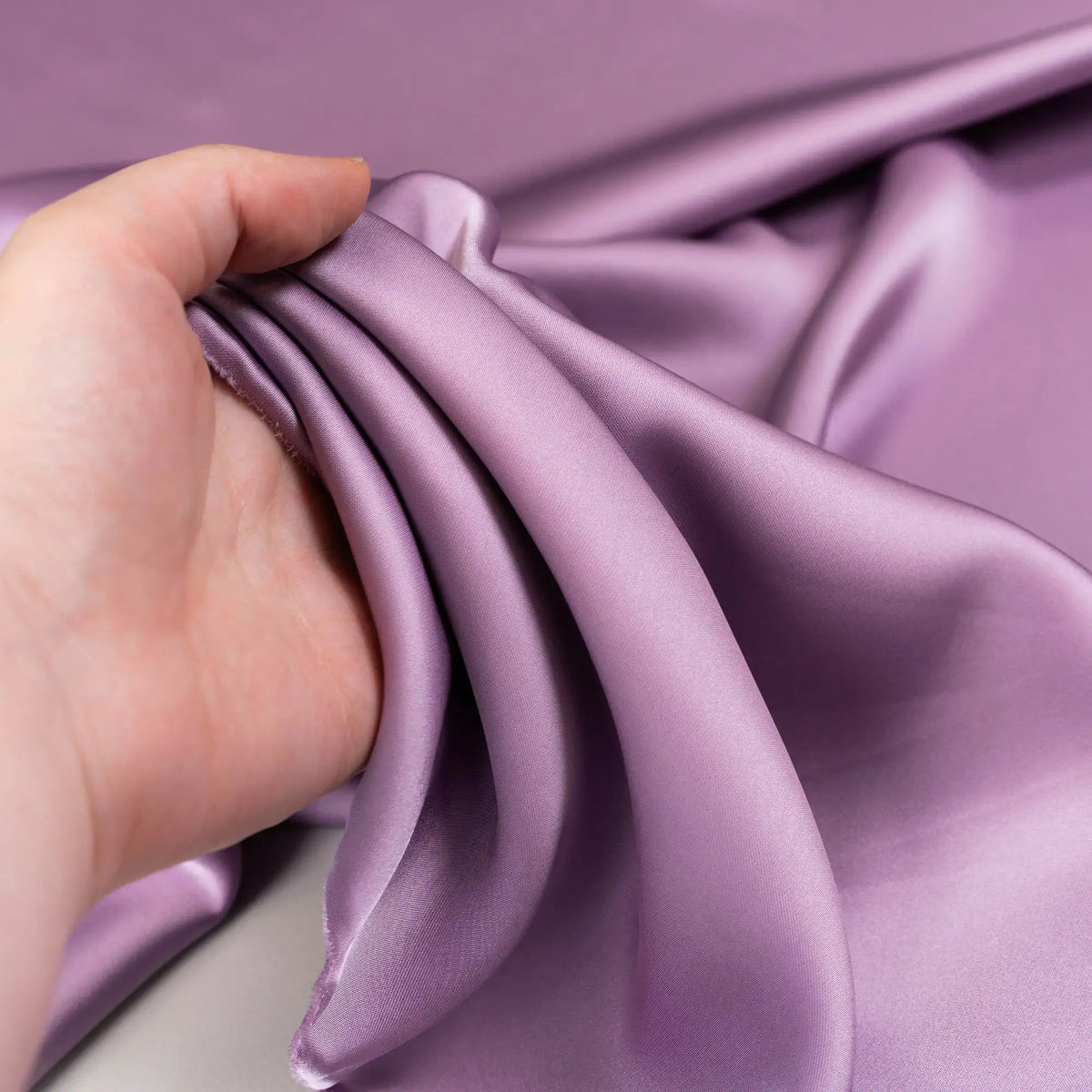 Lavender Faux Acetate Satin — mid-weight double-faced polyester satin with a delustered finish, fluid drape and slight stretch