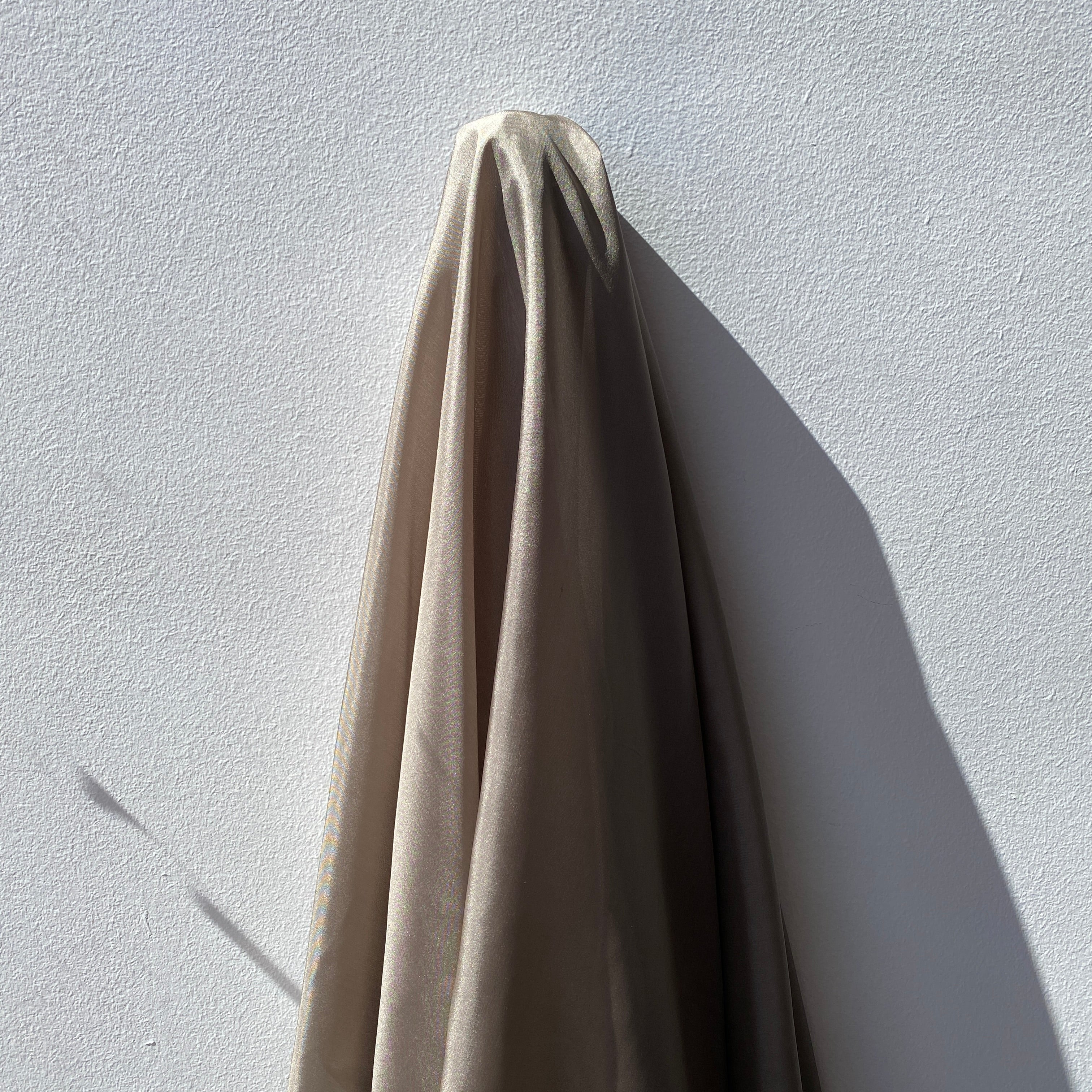 Taupe Habotai — soft with a light, airy drape and a smooth satin finish, 100% mulberry silk, 140cm wide