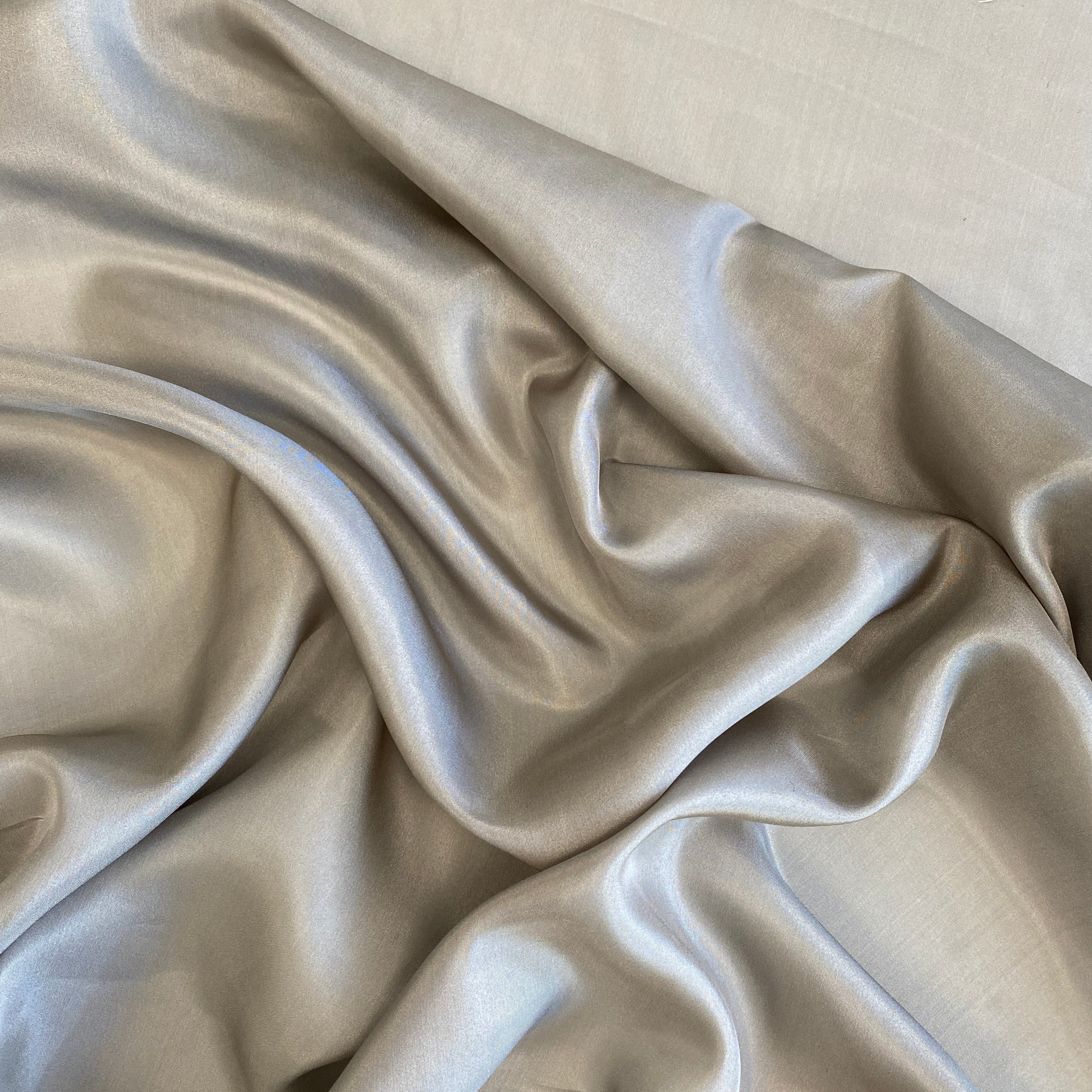 Taupe Habotai — soft with a light, airy drape and a smooth satin finish, 100% mulberry silk, 140cm wide