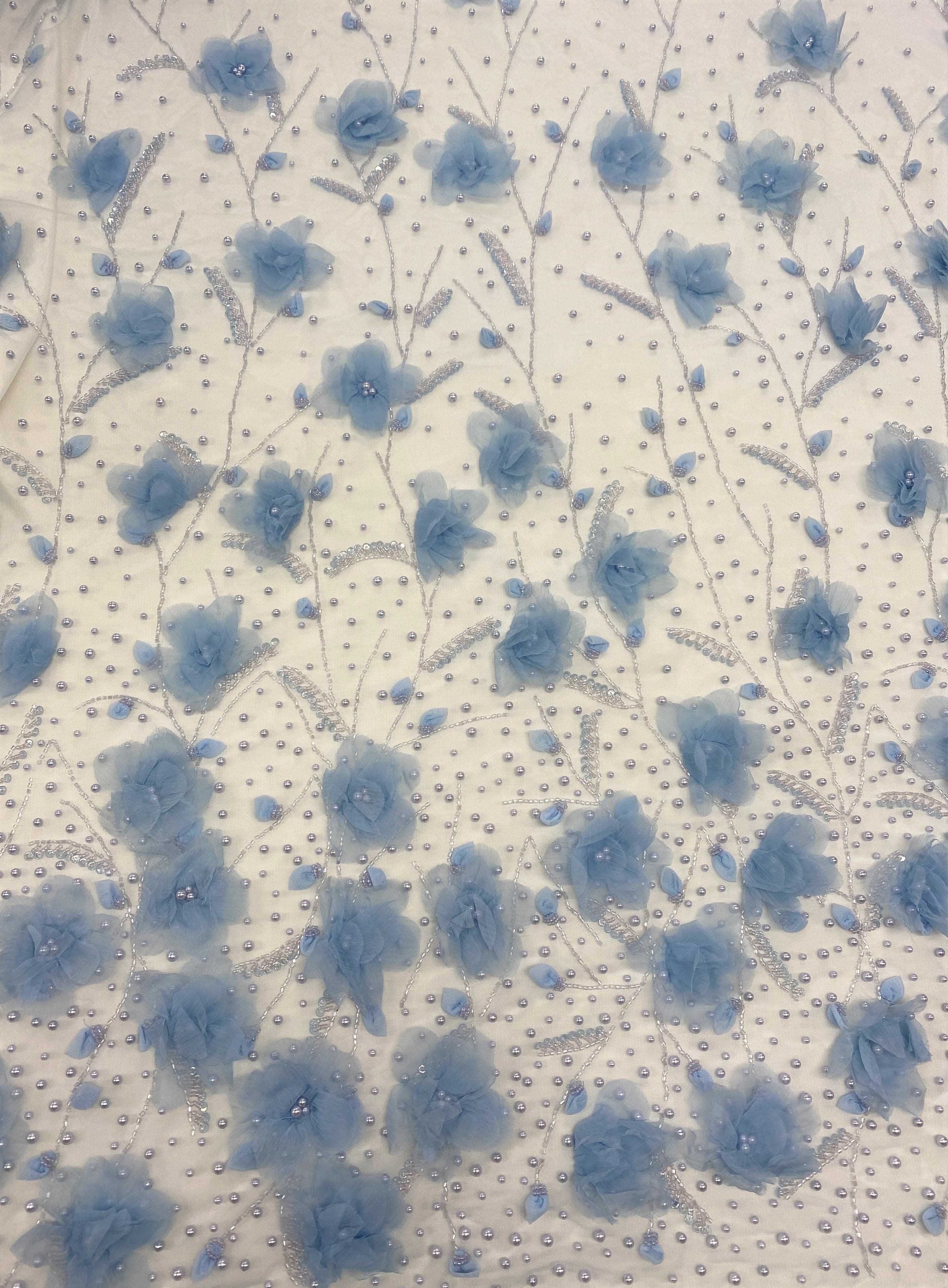 Pale Blue Embellished 3D Tulle — featuring floral motifs, a 3D floral design and hand-beading, 100% nylon, 140cm wide