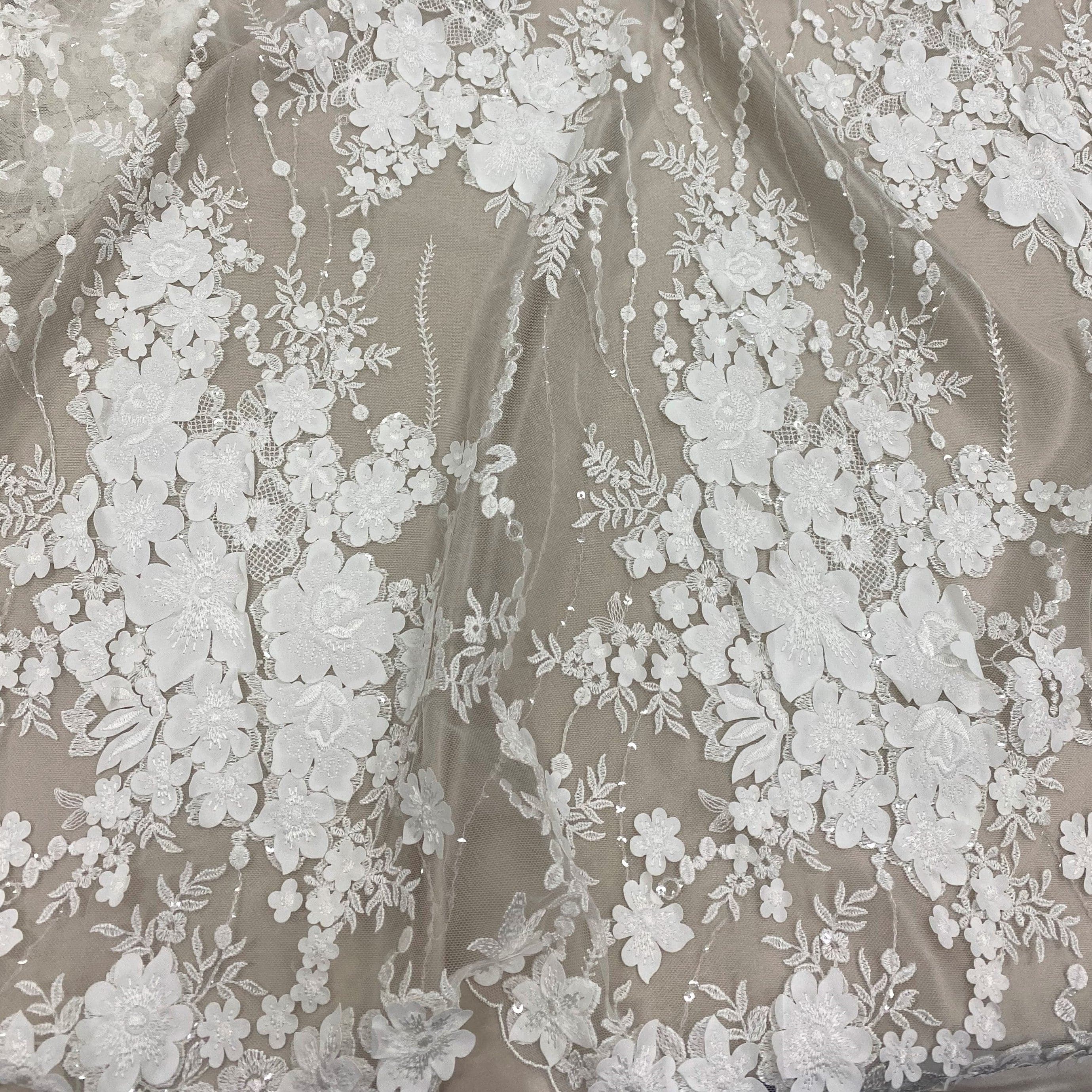 Ivory 3D Floral Tulle — featuring floral motifs and sequins, 50% rayon 50% nylon, 130cm wide