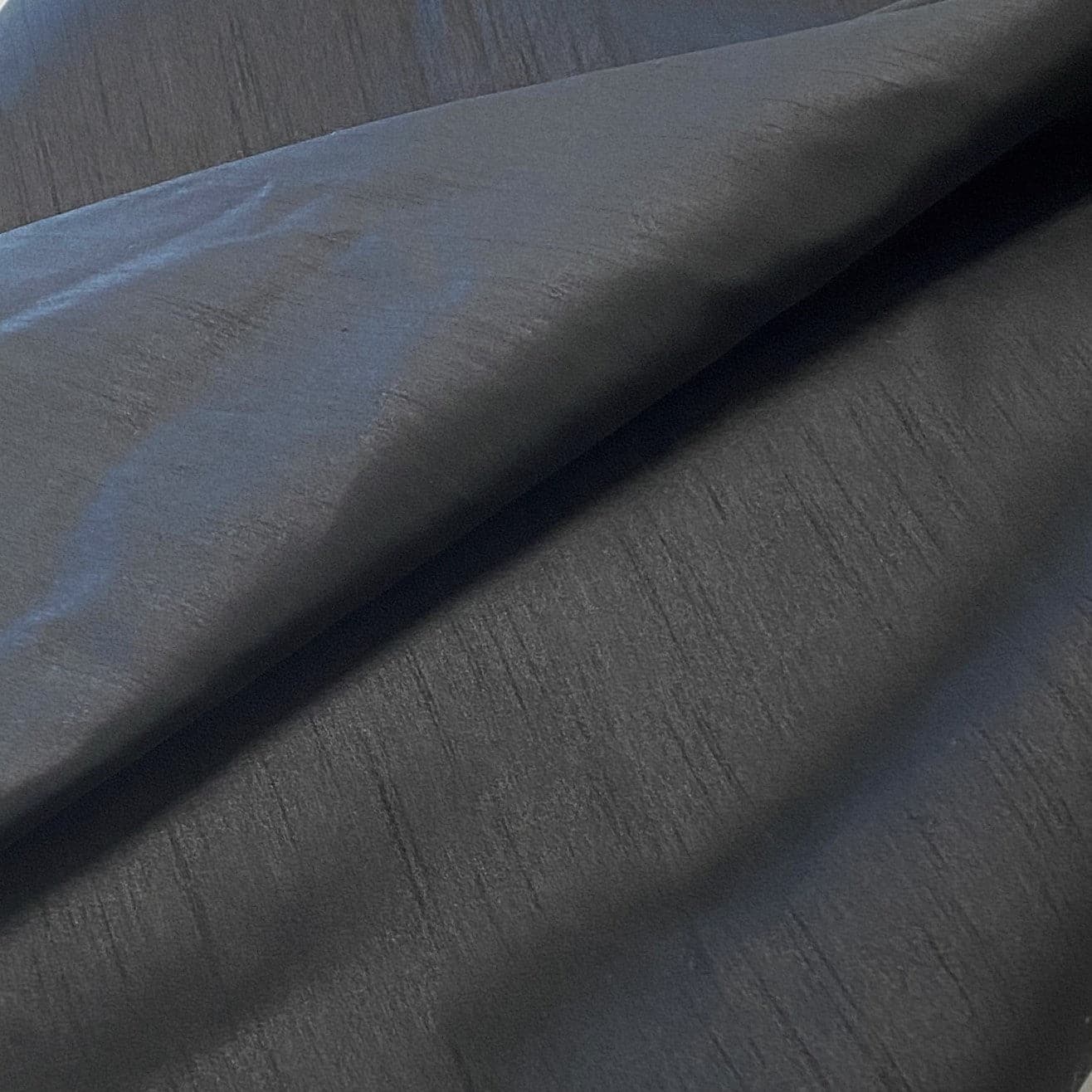 Black Polyester Dupion — mid-weight and crisp with a lightly slubbed texture, 100% polyester, 140cm wide