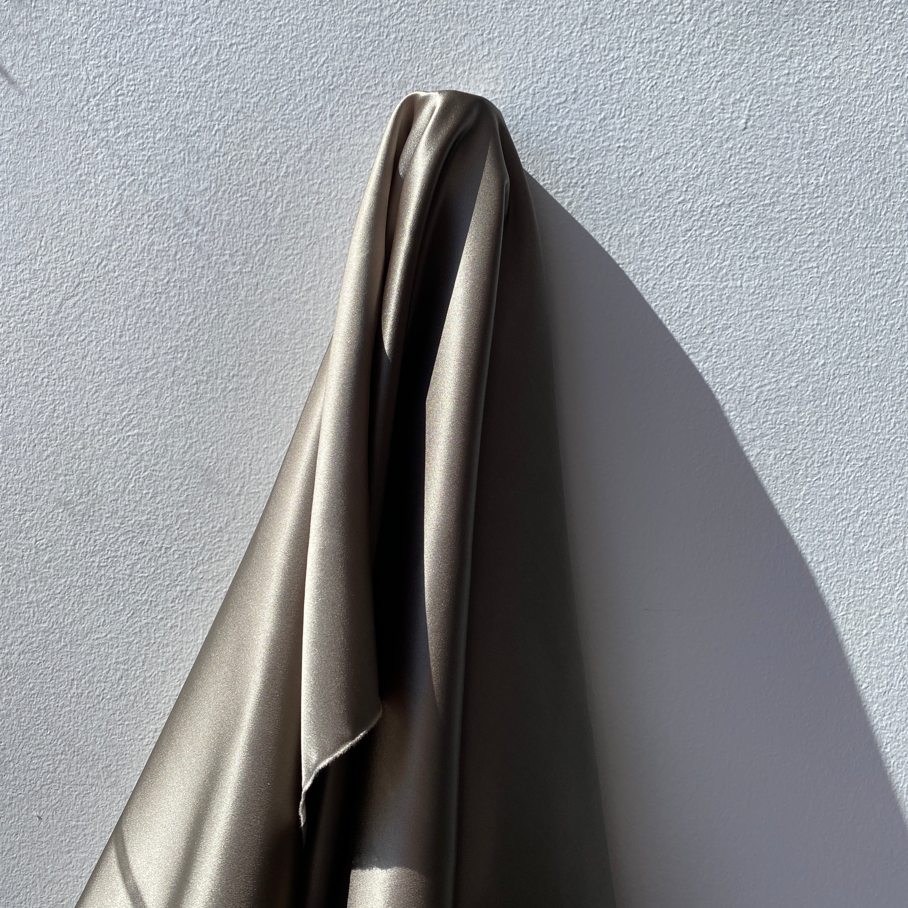 Taupe Sandwash Satin — lightweight and soft with a smooth luster satin finish, 100% mulberry silk, 140cm wide
