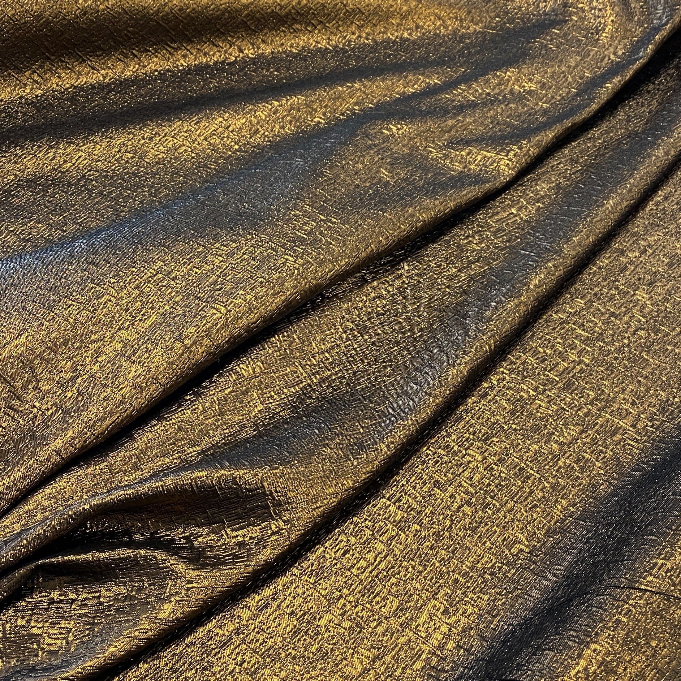 Copper Metallic Jacquard — featuring a woven metallic jacquard design with a soft feel and stiff drape, 140cm wide