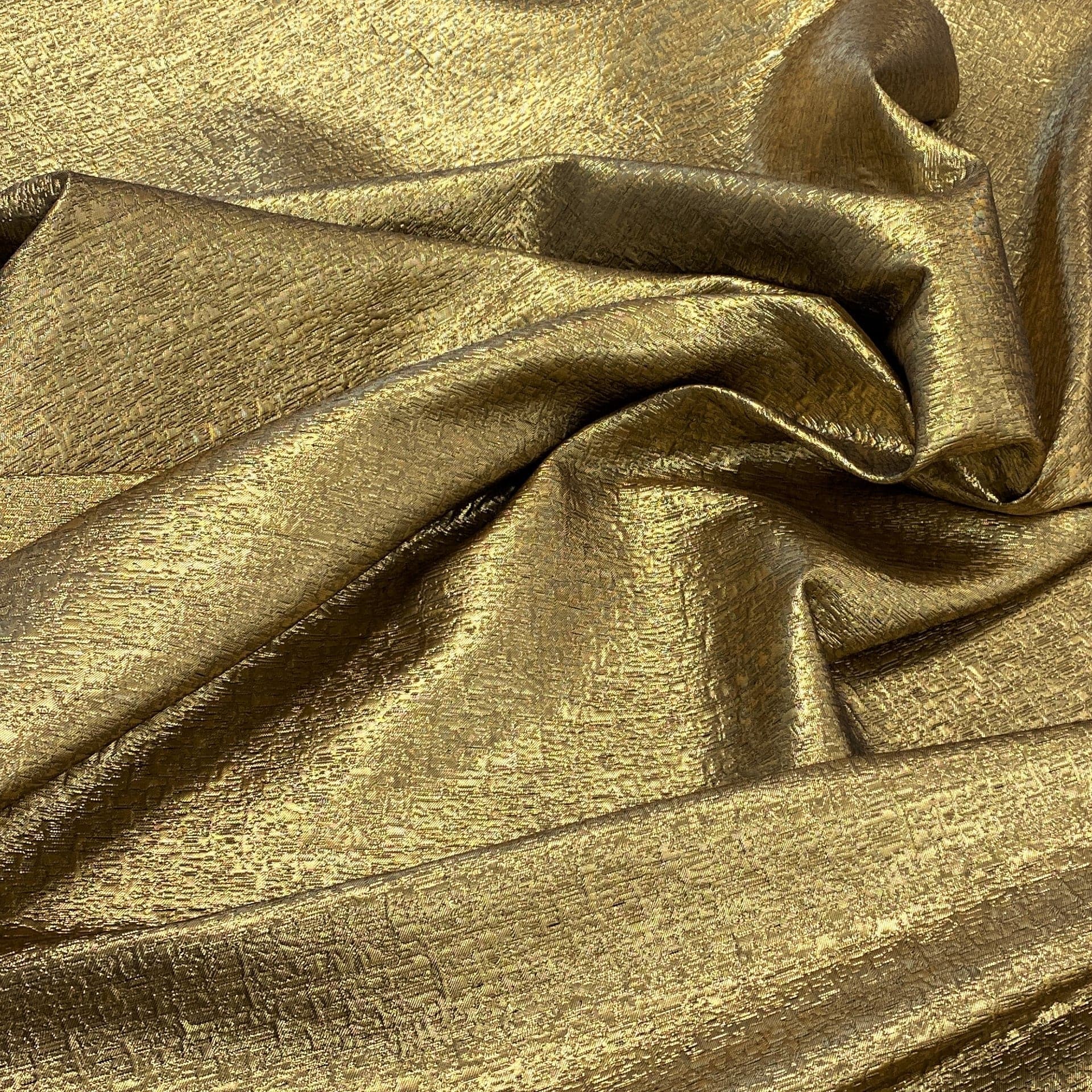 Ochre Metallic Jacquard — featuring a woven metallic jacquard design with a soft feel and stiff drape, 140cm wide