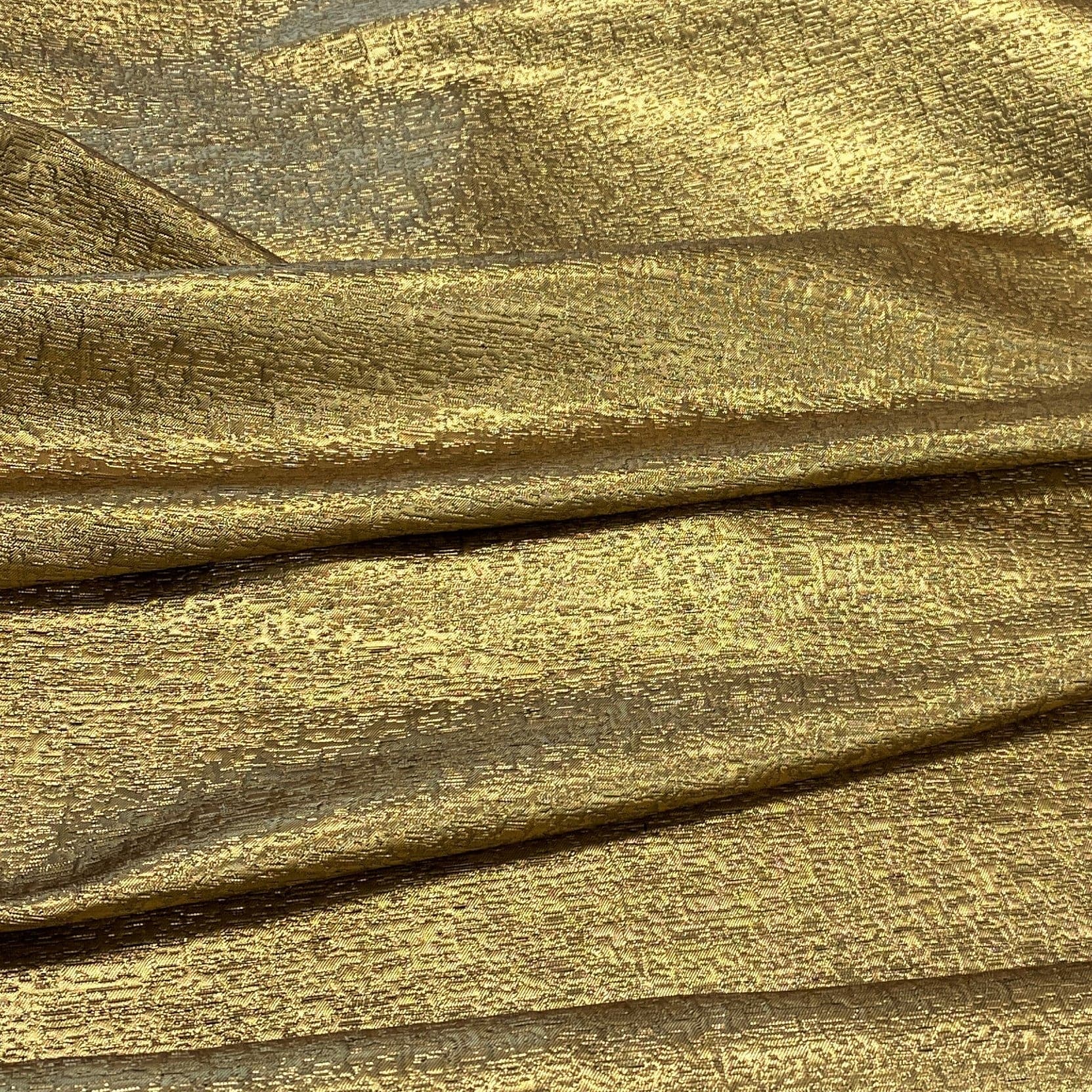 Ochre Metallic Jacquard — featuring a woven metallic jacquard design with a soft feel and stiff drape, 140cm wide