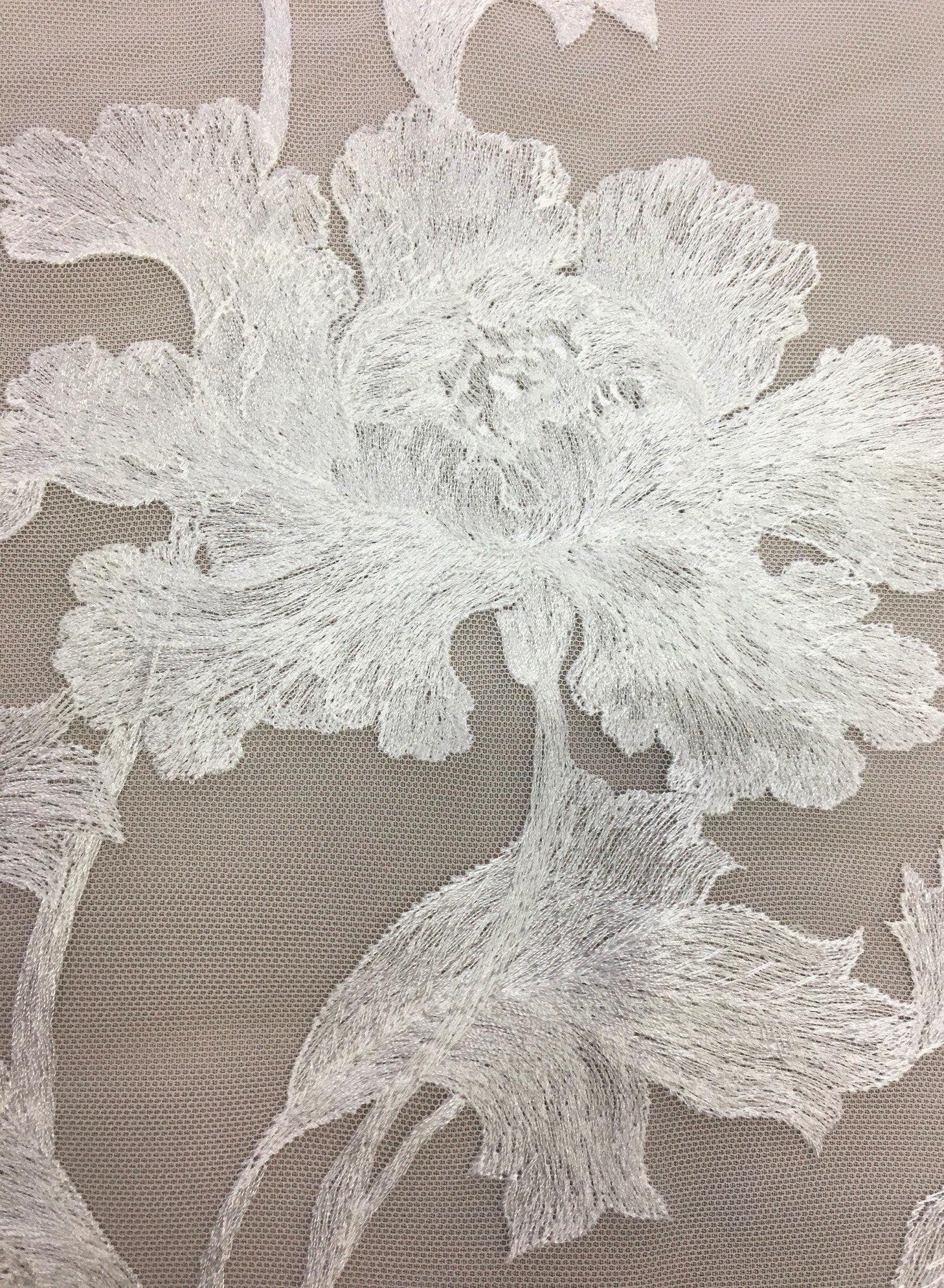 Ivory Large Floral Border Embroidered Tulle — featuring floral motifs and a border design, 55% nylon 45% rayon, 150cm wide