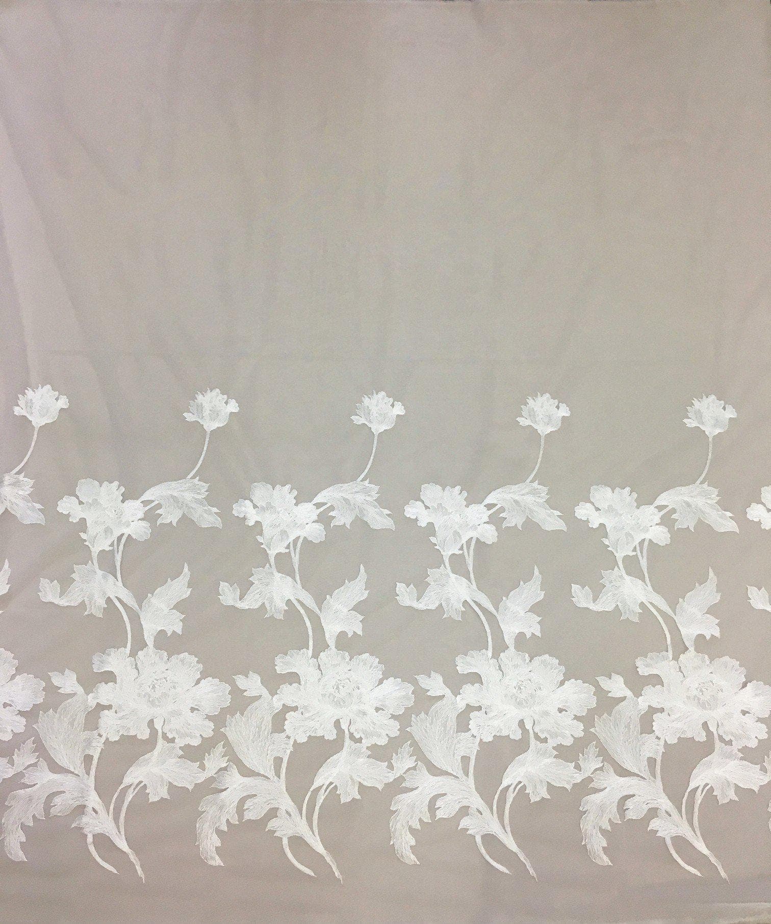 Ivory Large Floral Border Embroidered Tulle — featuring floral motifs and a border design, 55% nylon 45% rayon, 150cm wide