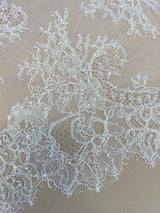White Beaded fine lace trim — featuring scalloped edges, eyelash detail and floral motifs, in nylon, 34cm wide
