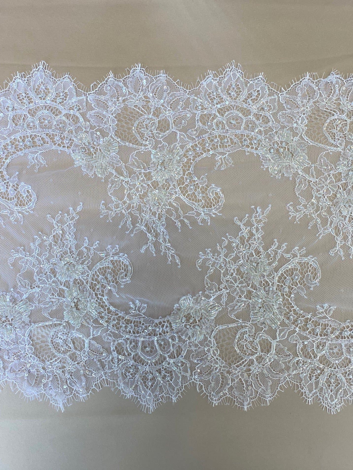 White Beaded fine lace trim — featuring scalloped edges, eyelash detail and floral motifs, in nylon, 34cm wide