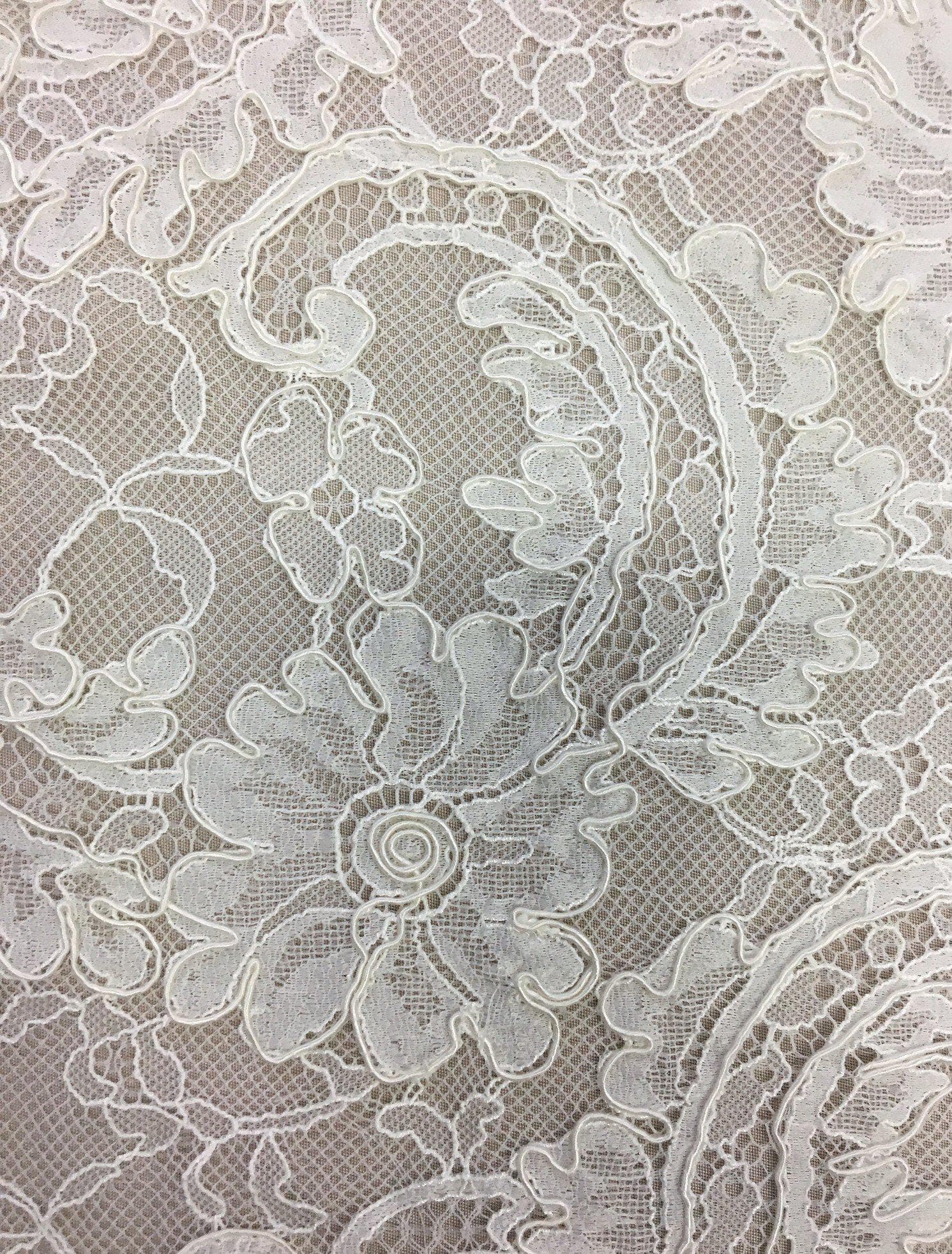 Ivory Floral Corded Lace — featuring scalloped edges, floral motifs and a corded texture, in nylon and viscose, 130cm wide