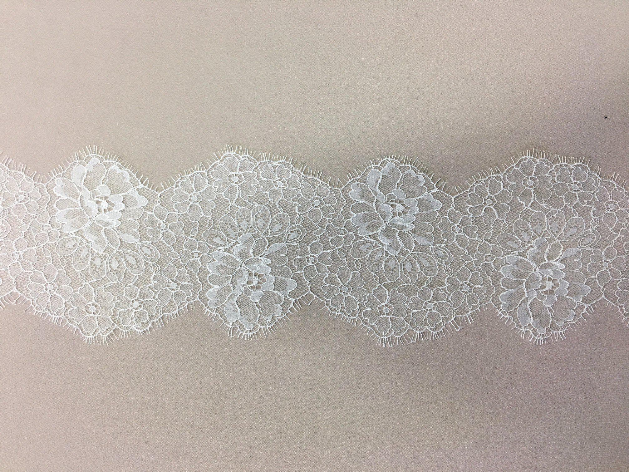 Ivory Fine Lace Trim — featuring scalloped edges, eyelash detail and floral motifs, in nylon, 15cm wide