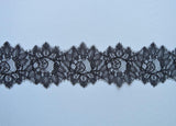 Black Fine floral lace trim — featuring scalloped edges, eyelash detail and floral motifs, in nylon, 13cm wide