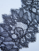 Black Fine floral lace trim — featuring scalloped edges, eyelash detail and floral motifs, in nylon, 13cm wide