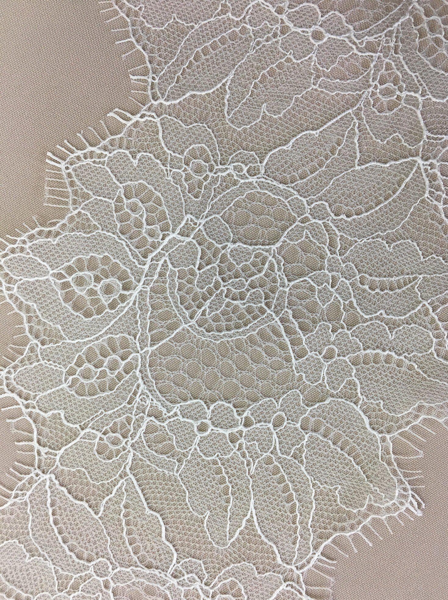 Ivory Fine floral lace trim — featuring scalloped edges, eyelash detail and floral motifs, in nylon, 13cm wide