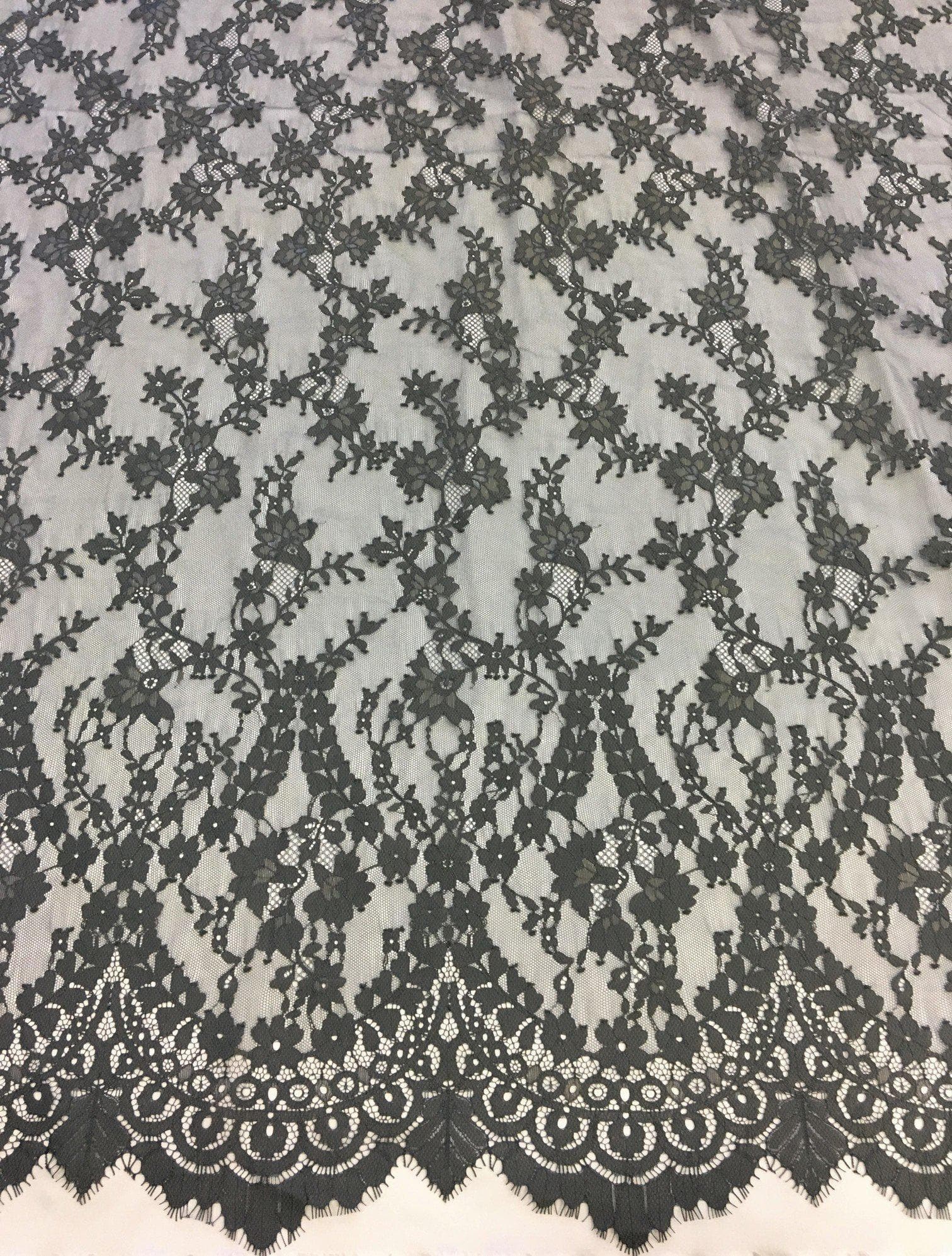 Steel Fine Floral Lace — featuring scalloped edges, eyelash detail and floral motifs, in nylon, 140cm wide