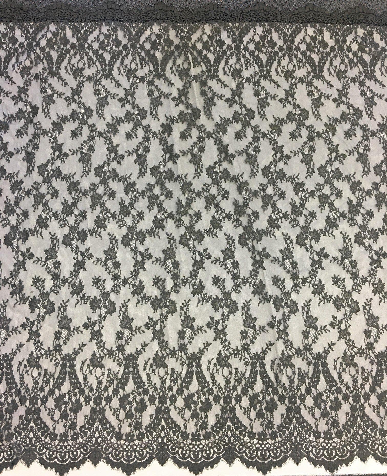 Steel Fine Floral Lace — featuring scalloped edges, eyelash detail and floral motifs, in nylon, 140cm wide