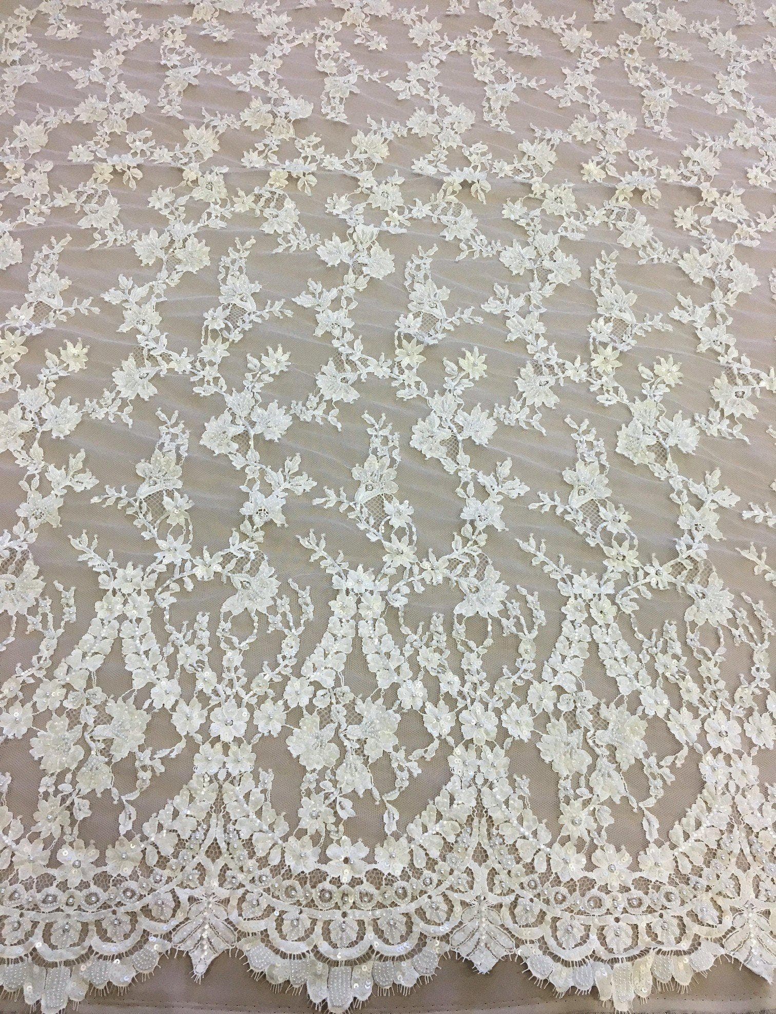 Ivory Beaded Fine Lace — featuring scalloped edges, eyelash detail and floral motifs, in nylon, 140cm wide