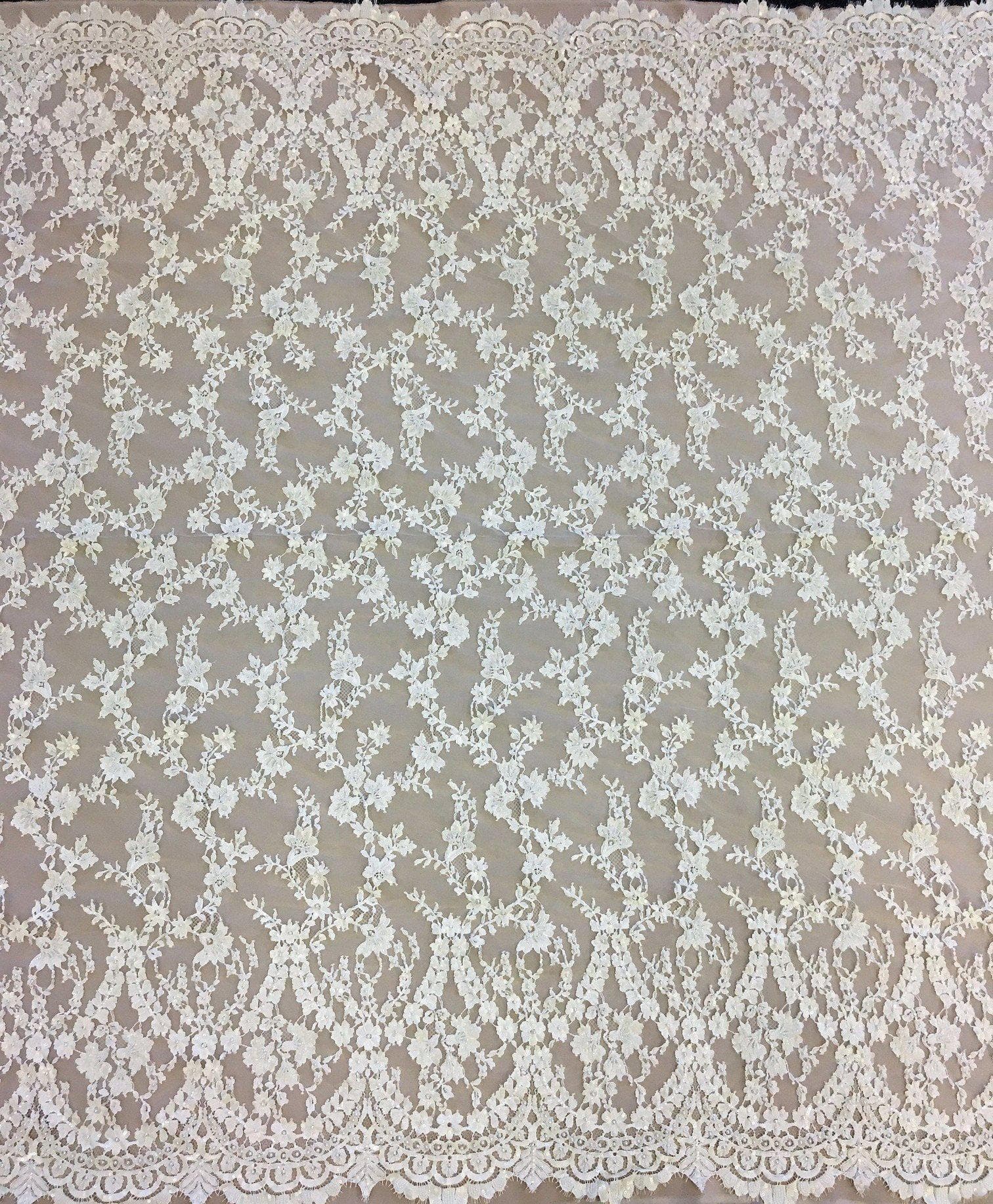 Ivory Beaded Fine Lace — featuring scalloped edges, eyelash detail and floral motifs, in nylon, 140cm wide