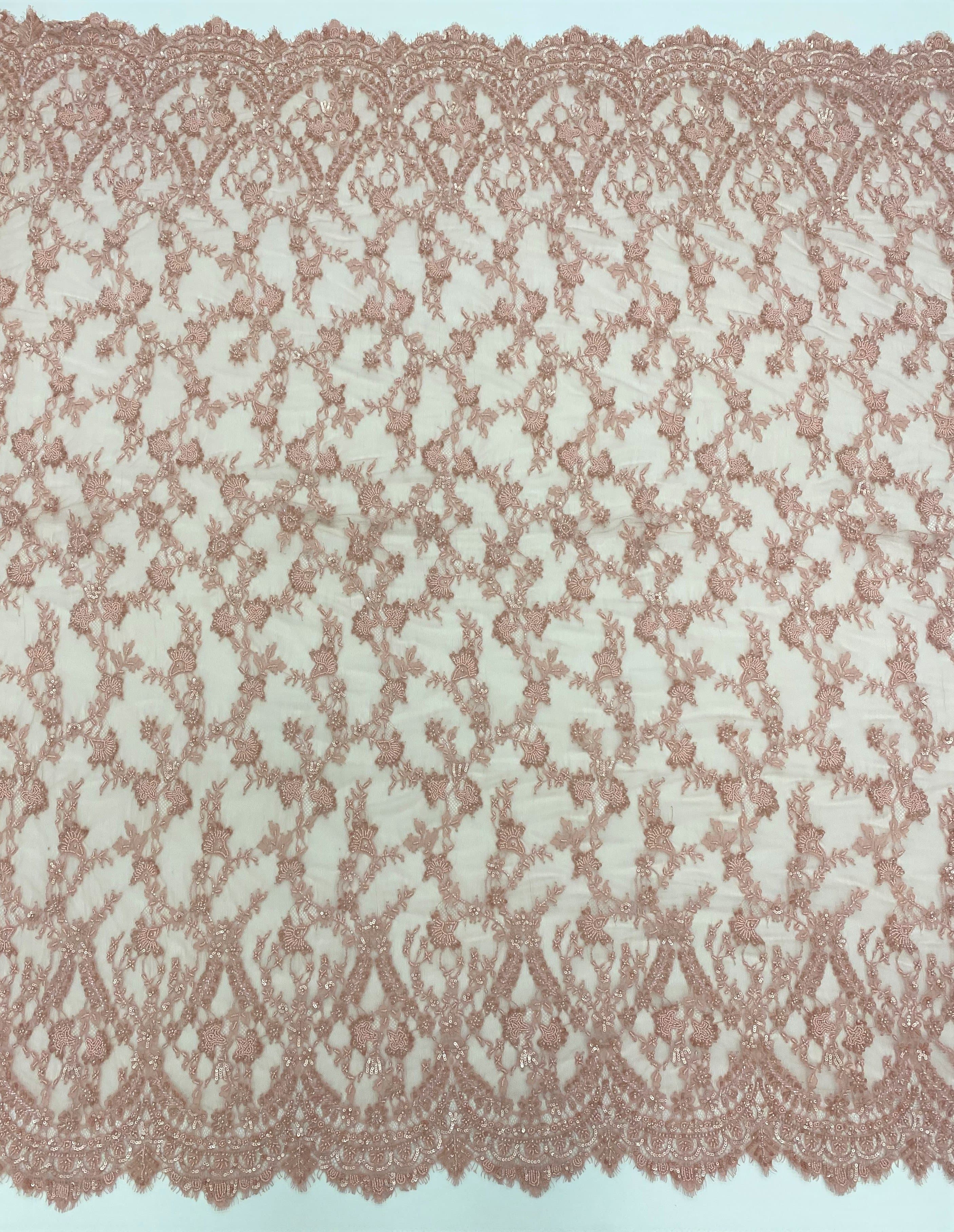 Rose Beaded Fine Lace — featuring scalloped edges, eyelash detail and floral motifs, in nylon, 140cm wide