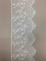 White Beaded French Chantilly Lace Trim — featuring scalloped edges, eyelash detail and floral motifs, in nylon, 20cm wide