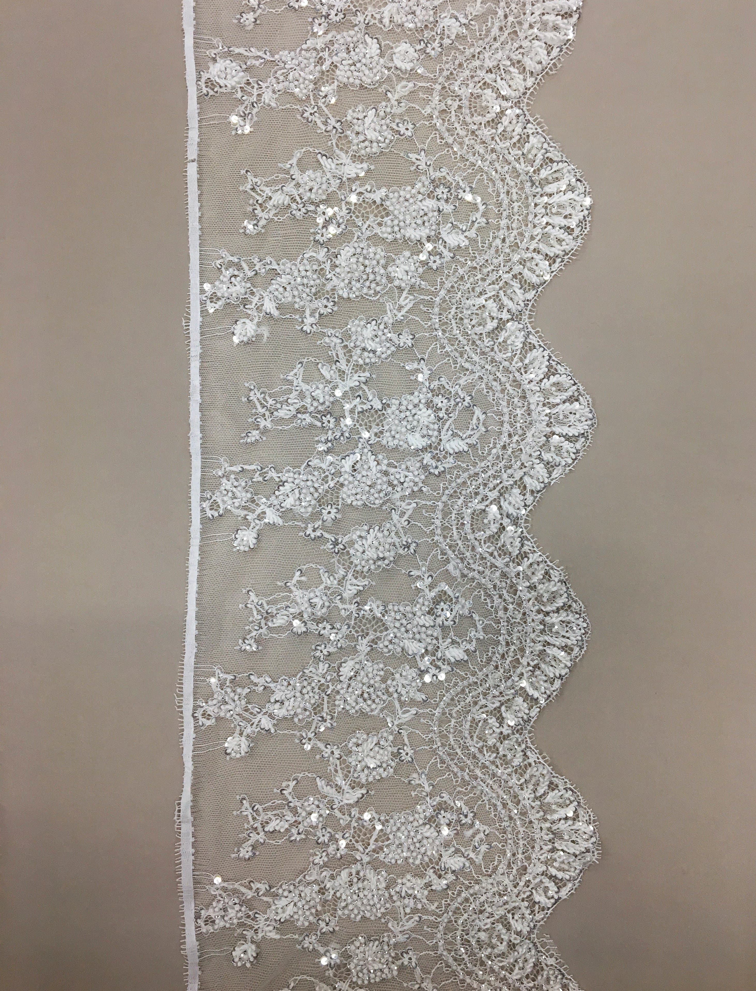 White Beaded French Chantilly Lace Trim — featuring scalloped edges, eyelash detail and floral motifs, in nylon, 20cm wide