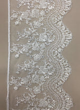 White Beaded French Chantilly Lace Trim — featuring scalloped edges, eyelash detail and floral motifs, in nylon, 20cm wide