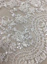 White Beaded French Chantilly Lace Trim — featuring scalloped edges, eyelash detail and floral motifs, in nylon, 20cm wide