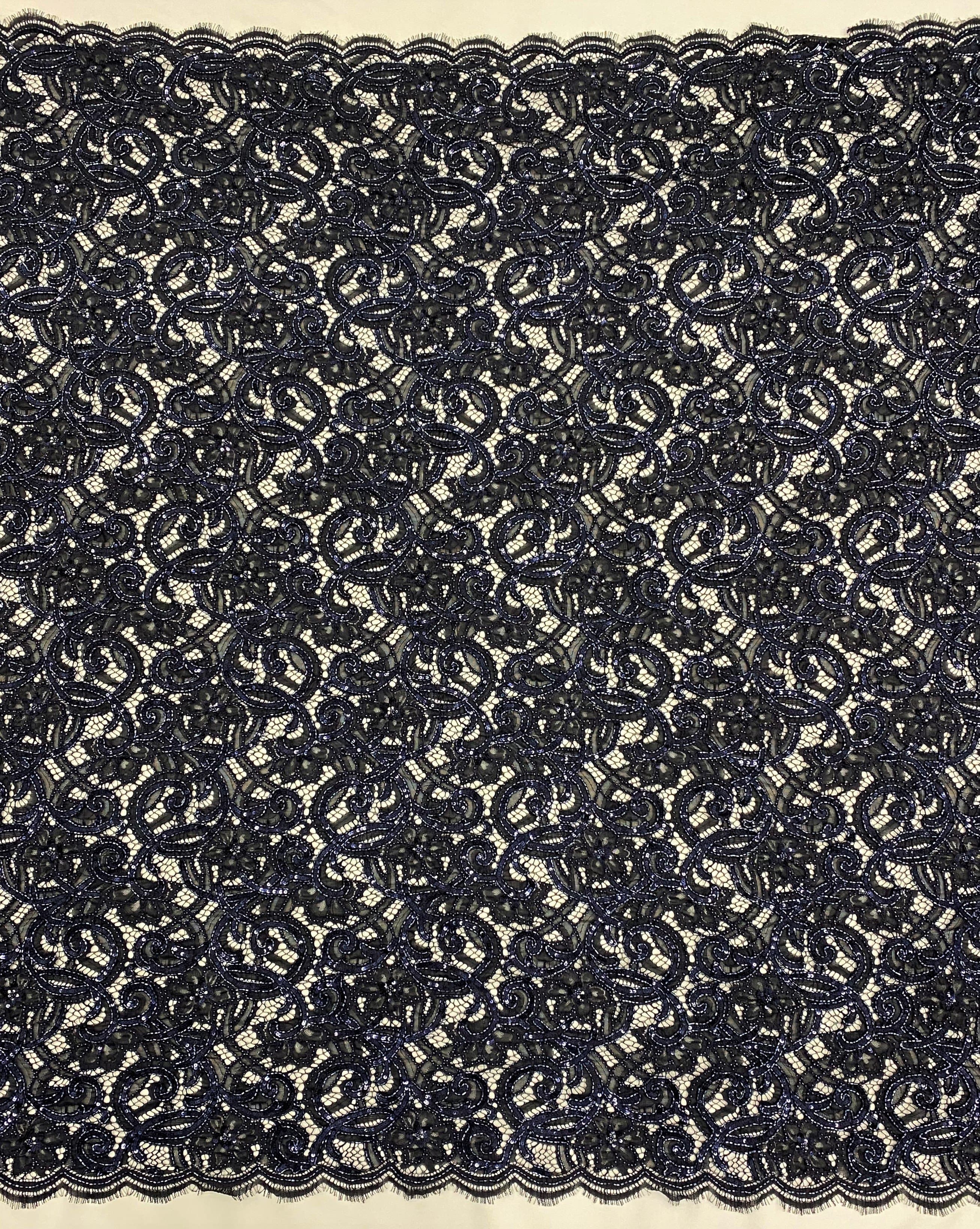 Black Navy Beaded Lace — featuring scalloped edges, eyelash detail and hand-beading, in nylon, 130cm wide