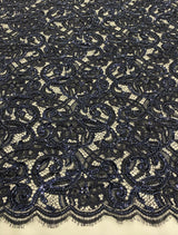 Black Navy Beaded Lace — featuring scalloped edges, eyelash detail and hand-beading, in nylon, 130cm wide