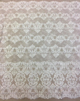 Ivory Floral Arabesque Fine Lace — featuring scalloped edges, eyelash detail, arabesque scrollwork and floral motifs, 130cm wide