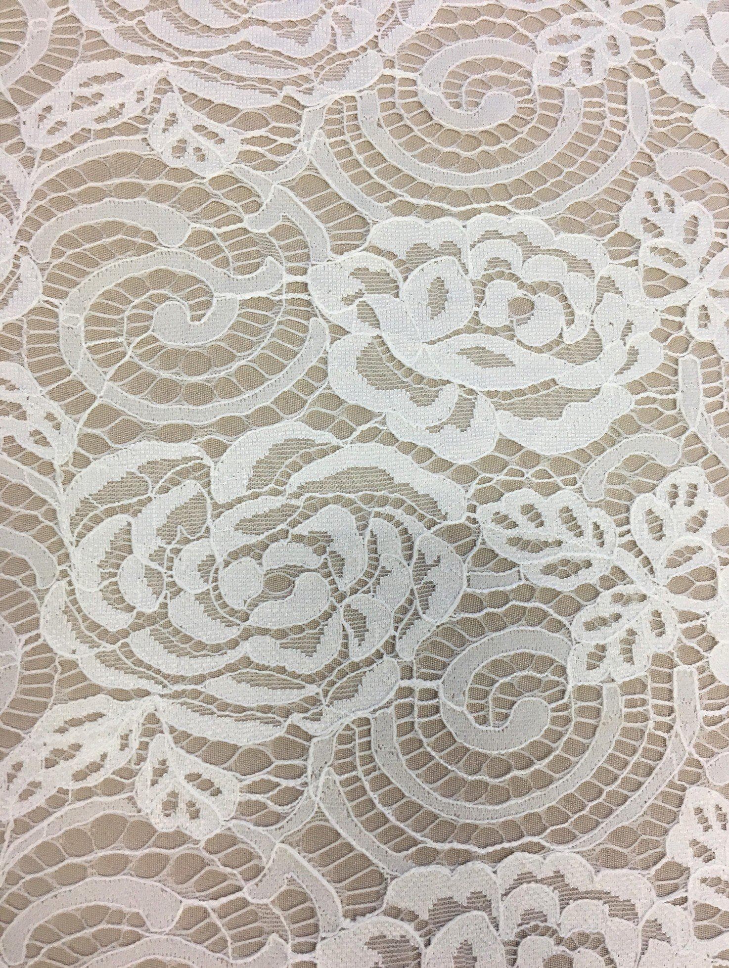 Ivory Spiral Rosette Fine Lace — featuring rosette motifs and scrolling swirls, in nylon, 140cm wide
