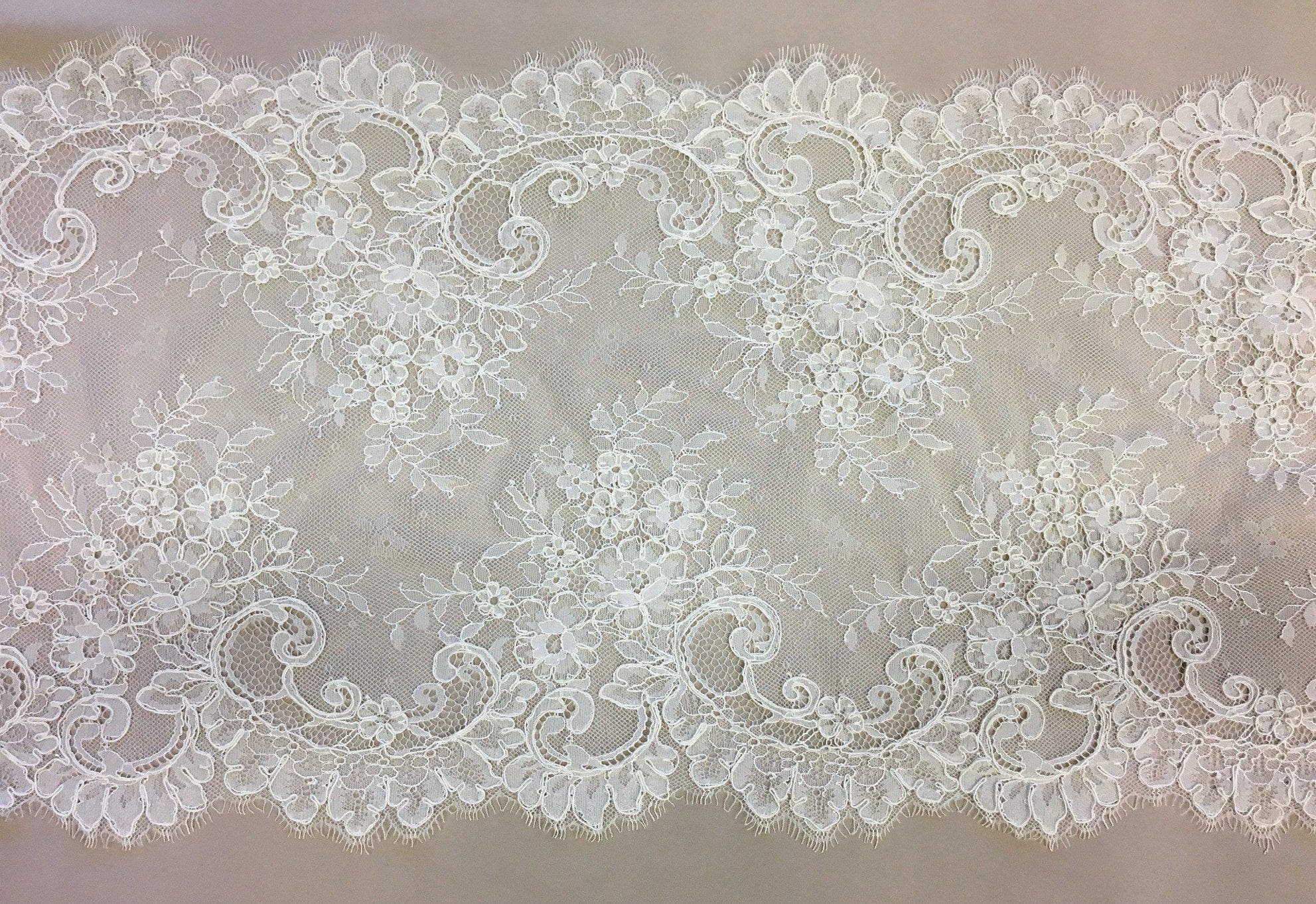 Ivory Fine Corded Lace Trim — featuring floral motifs and a corded texture, in nylon and viscose, 36cm wide