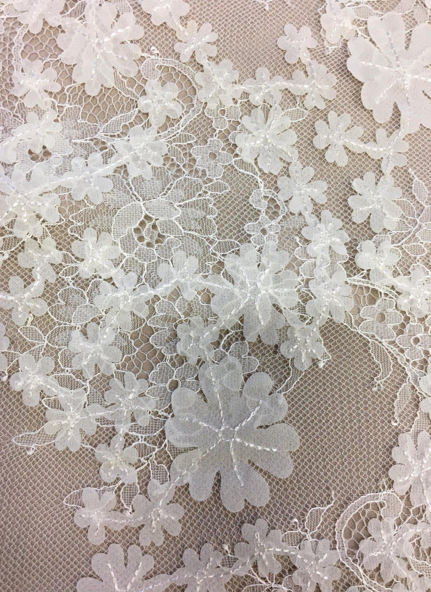 Ivory 3D Floral Lace — featuring scalloped edges, floral motifs and a 3D floral design, in nylon and viscose, 130cm wide