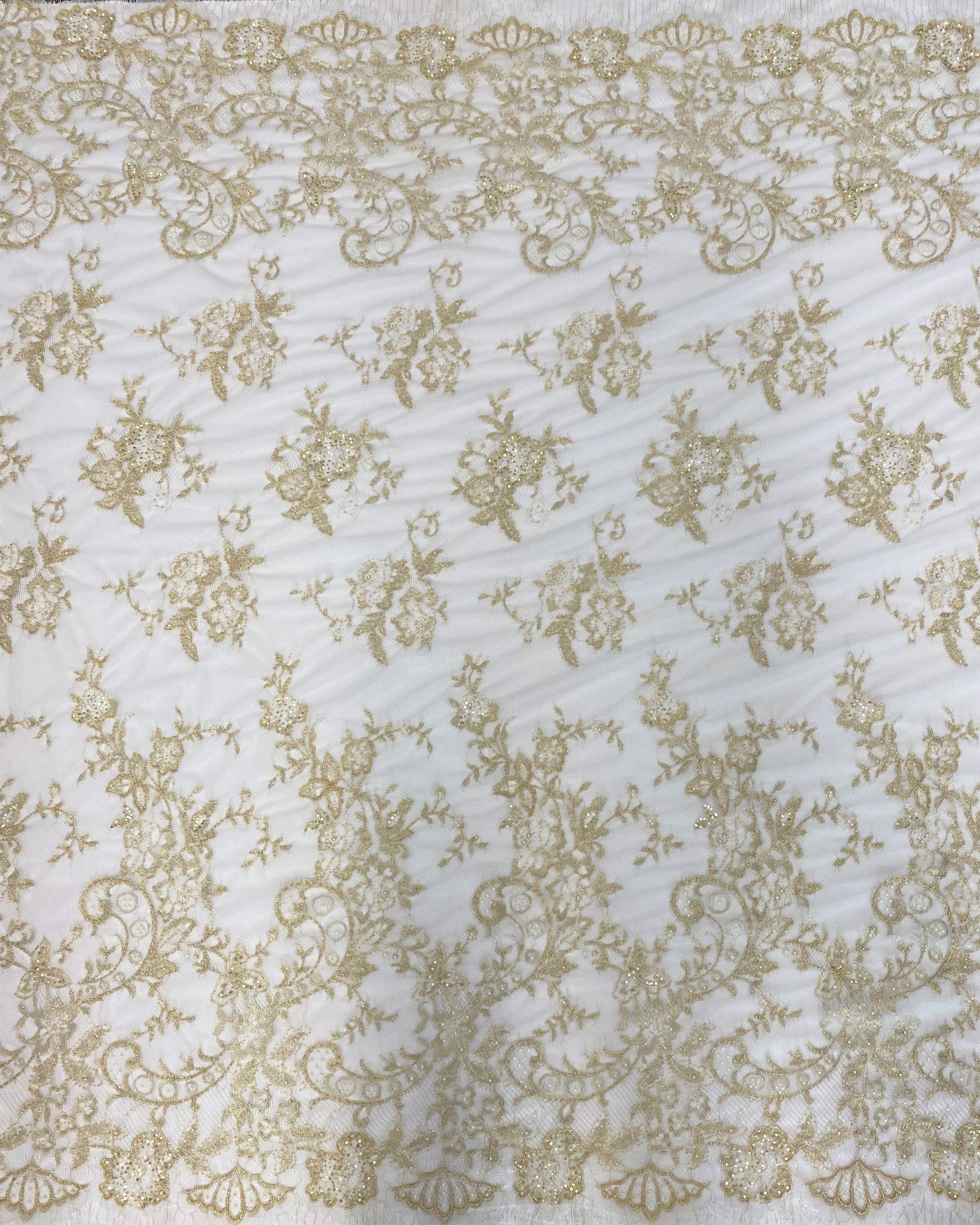 Ivory / Gold Beaded Lace — featuring scalloped edges, eyelash detail and floral motifs, in nylon, 145cm wide