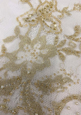 Ivory / Gold Beaded Lace — featuring scalloped edges, eyelash detail and floral motifs, in nylon, 145cm wide