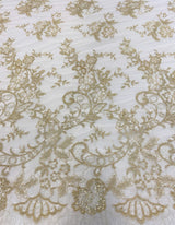 Ivory / Gold Beaded Lace — featuring scalloped edges, eyelash detail and floral motifs, in nylon, 145cm wide