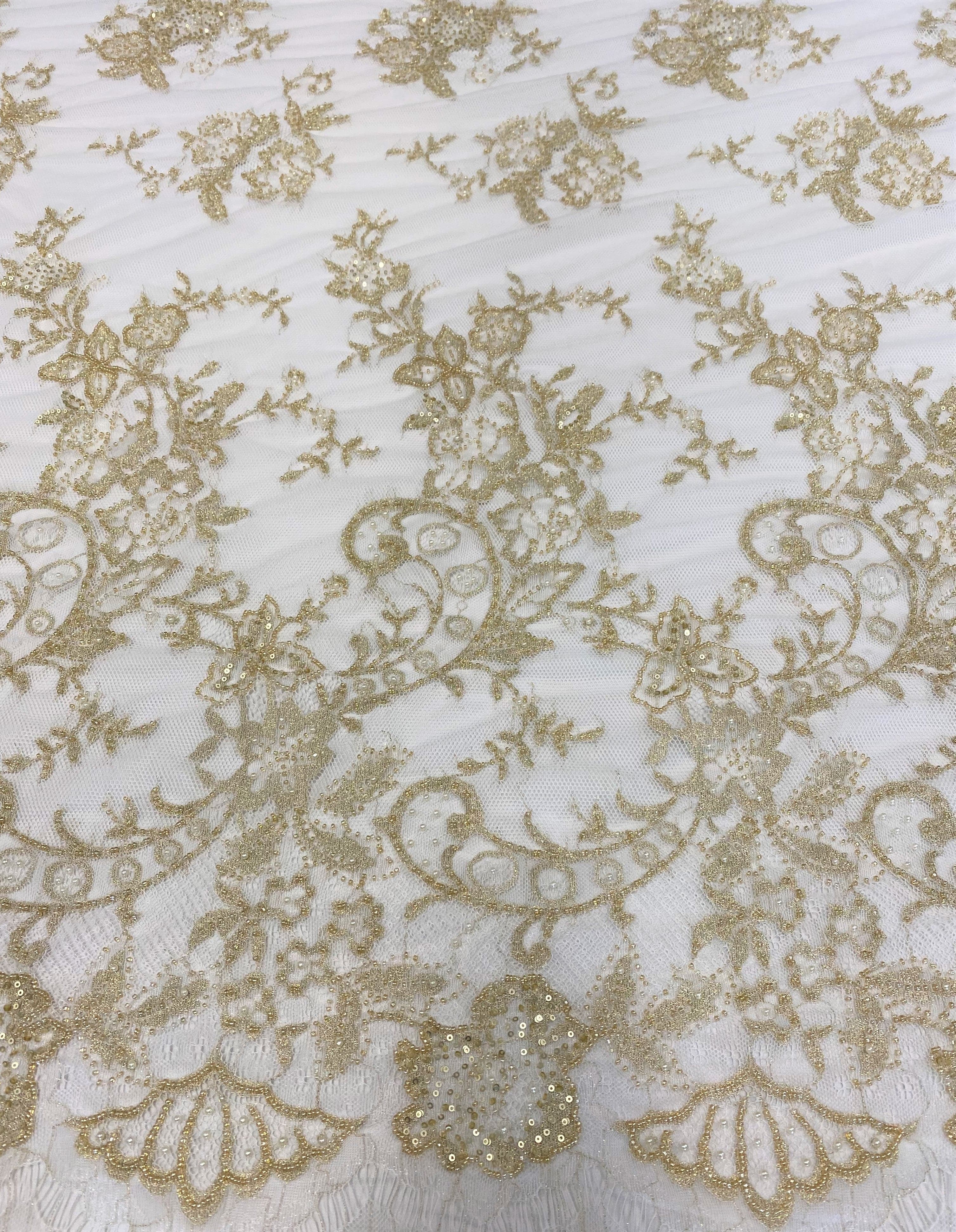 Ivory / Gold Beaded Lace — featuring scalloped edges, eyelash detail and floral motifs, in nylon, 145cm wide
