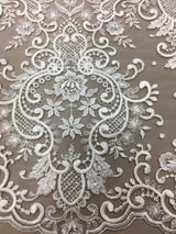 Ivory Beaded Lace Trim — featuring scalloped edges, eyelash detail and floral motifs, in nylon and viscose, 42cm wide