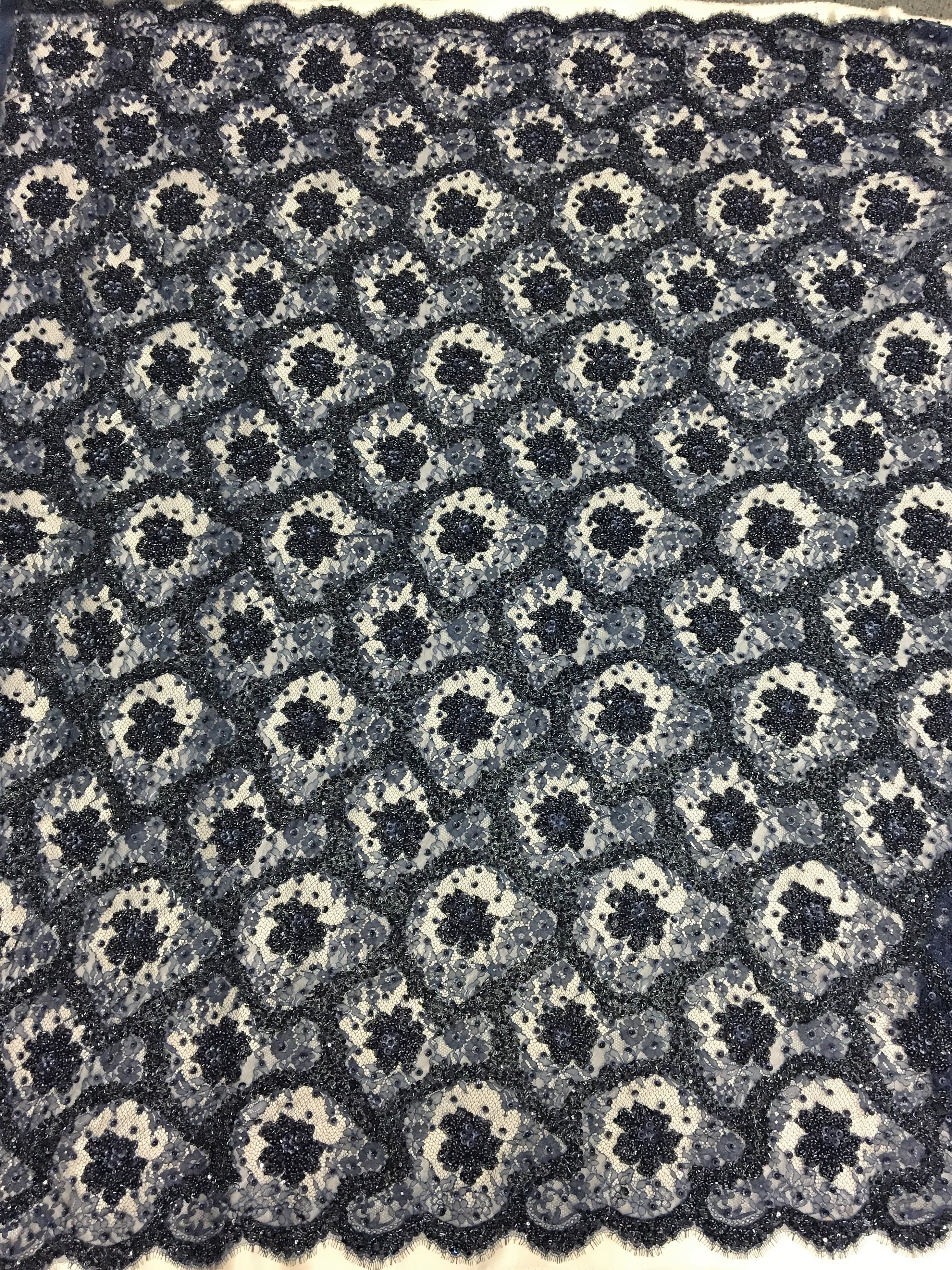 Navy Beaded Lace — featuring scalloped edges, eyelash detail and floral motifs, in nylon and viscose, 140cm wide