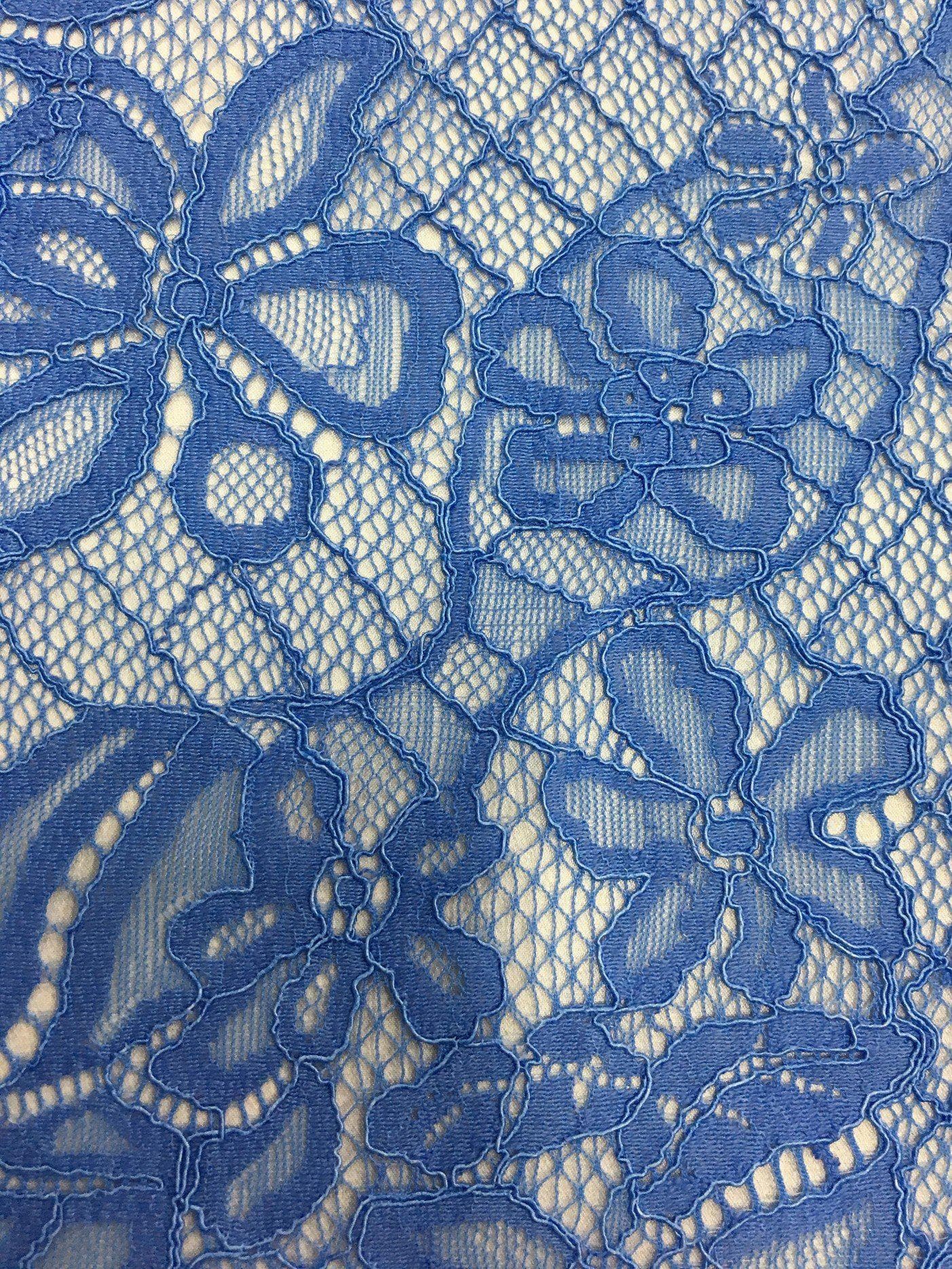 Blue Lace — featuring scalloped edges, a leaf design and a corded texture, in cotton, nylon and viscose, 145cm wide